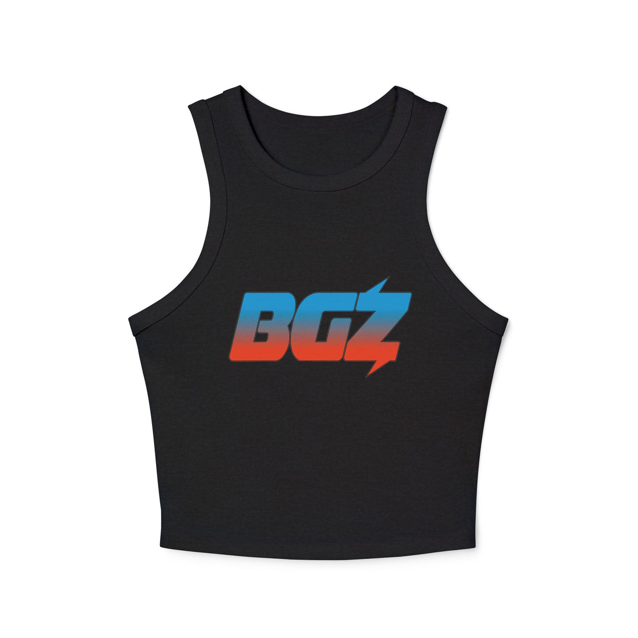 Women's Cropped Rib Racerback Tank Top — BOGOZZI - Vibrant Dreamsicle Gradient Graphic Alternate Logo