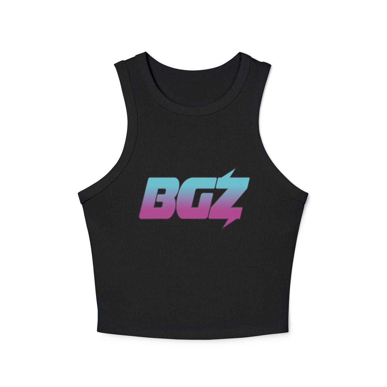 Women's Cropped Rib Racerback Tank Top — BOGOZZI - Vibrant South Beach Gradient Graphic Alternate Logo