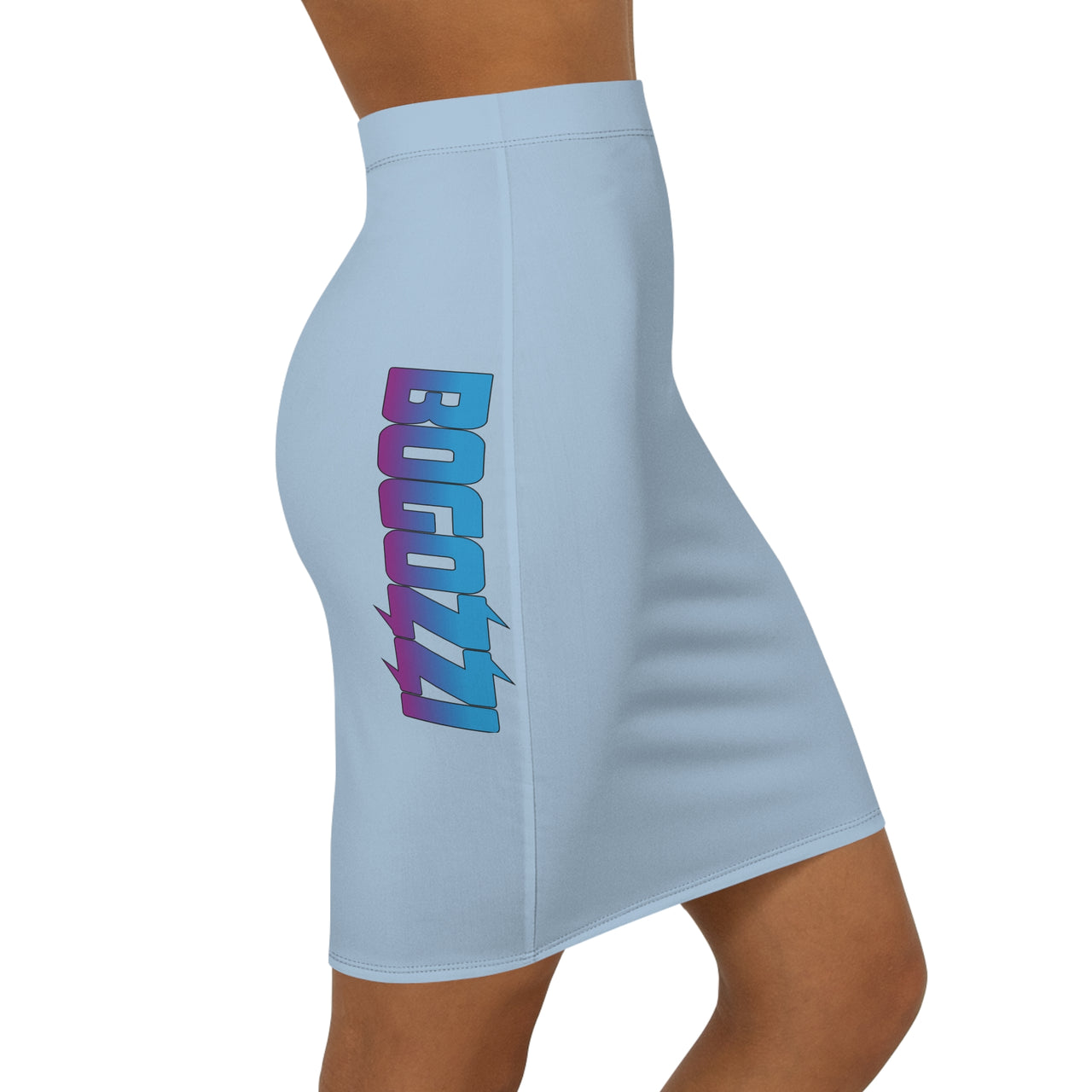Solid Baby Blue Mid-Waist Pencil Skirt — BOGOZZI Vibrant Side Hip Magenta Dream Gradient Accent