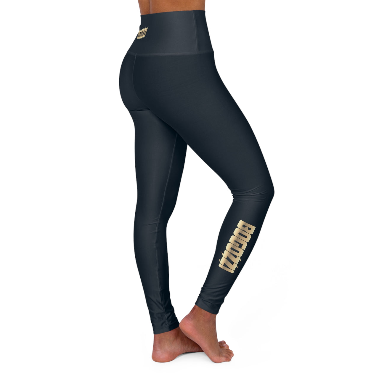 High Waisted (Midnight Navy) Yoga Leggings - BOGOZZI Glimmer Gold Gradient Calf Graphic