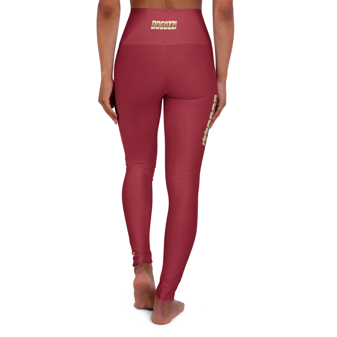 High Waisted (Solid Red) Yoga Leggings - BOGOZZI Glimmer Gold Gradient Thigh Graphic