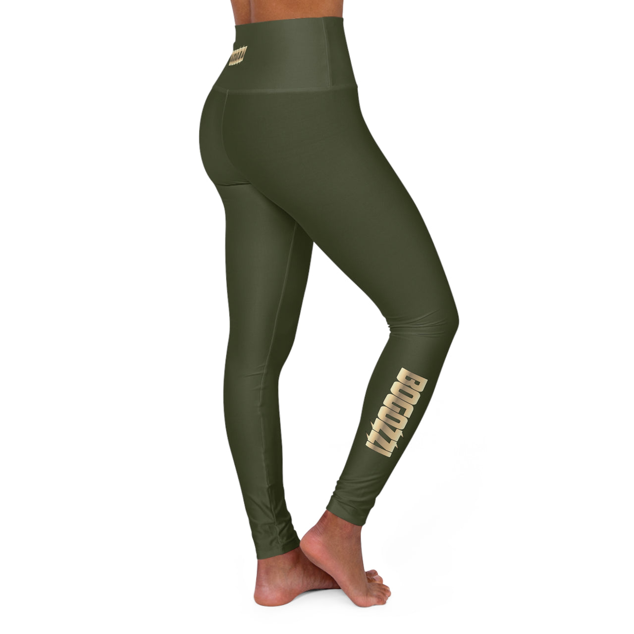High Waisted (Military Green) Yoga Leggings - BOGOZZI Glimmer Gold Gradient Calf Graphic