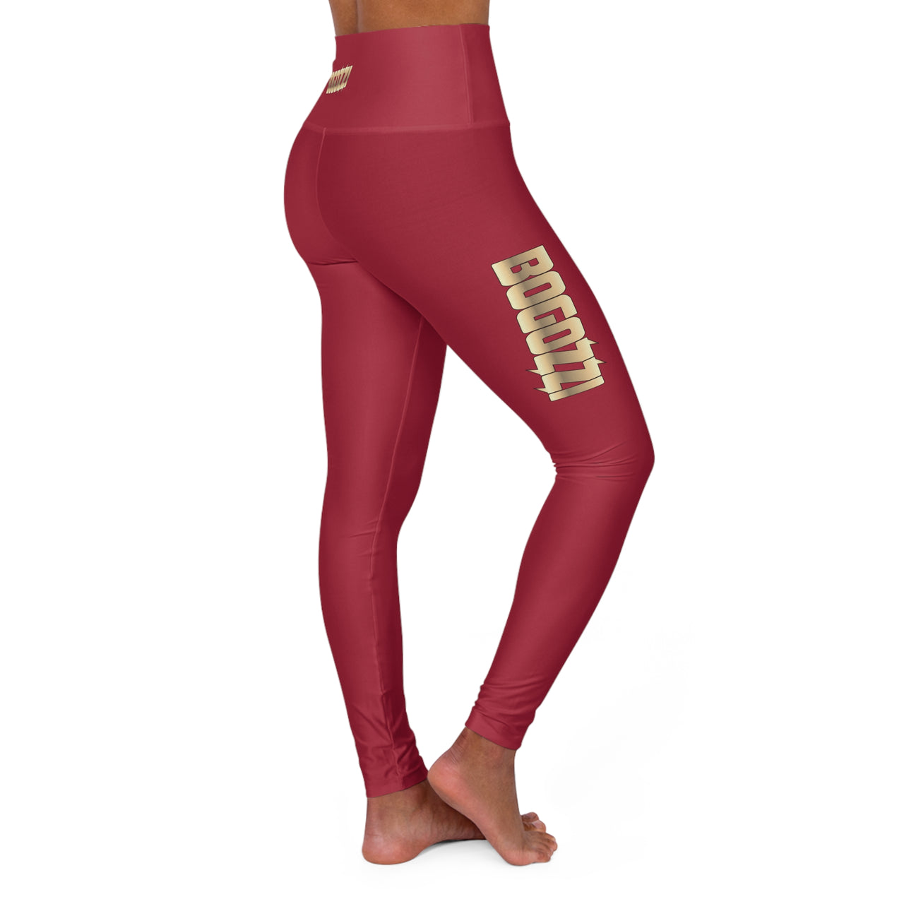High Waisted (Solid Red) Yoga Leggings - BOGOZZI Glimmer Gold Gradient Thigh Graphic