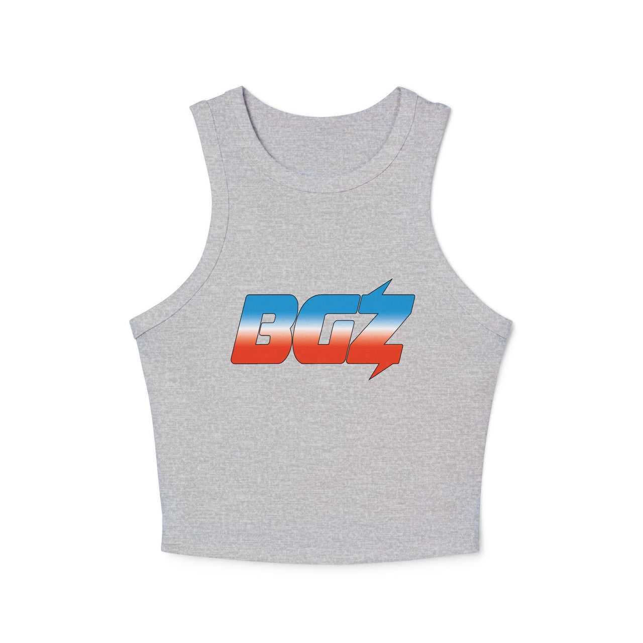 Women's Cropped Rib Racerback Tank Top — BOGOZZI - Vibrant Icey Dreamsicle Gradient Graphic Alternate Logo