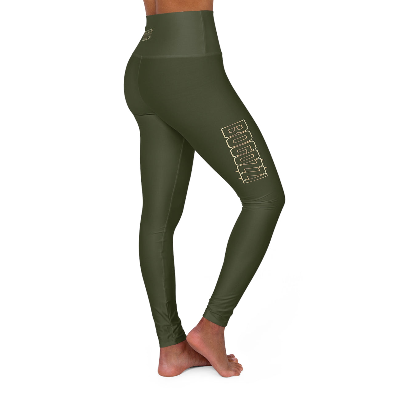 High-Waisted (Military Green) Yoga Leggings - BOGOZZI Glimmer Gold Gradient Outline Thigh Graphic