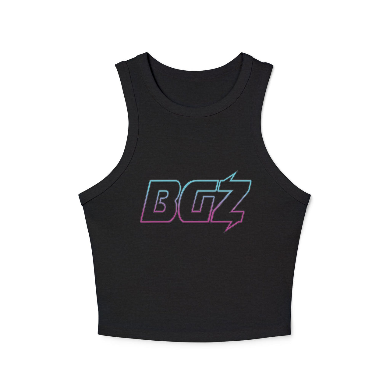 Women's Cropped Rib Racerback Tank Top — BOGOZZI - Electric South Beach Outline Gradient Graphic Alternate Logo