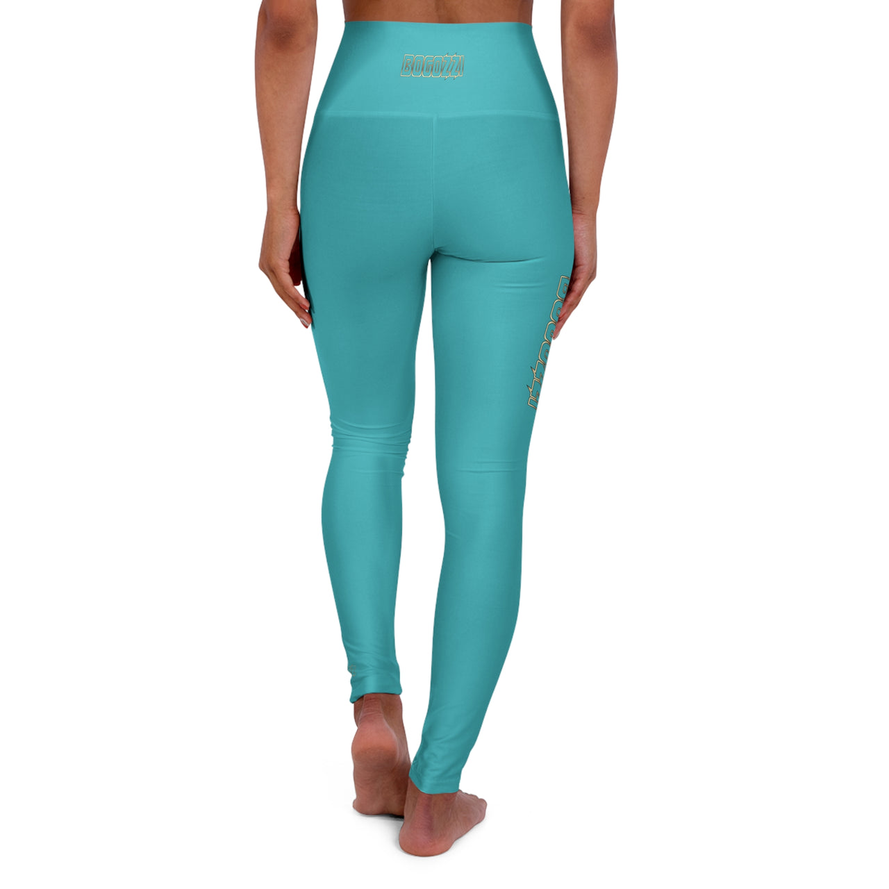 High-Waisted (Tahiti Blue) Yoga Leggings - BOGOZZI Glimmer Gold Gradient Outline Thigh Graphic
