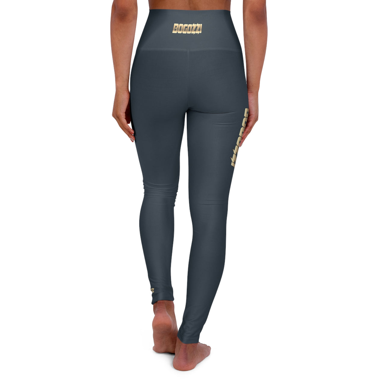 High Waisted (Indigo) Yoga Leggings - BOGOZZI Glimmer Gold Gradient Thigh Graphic