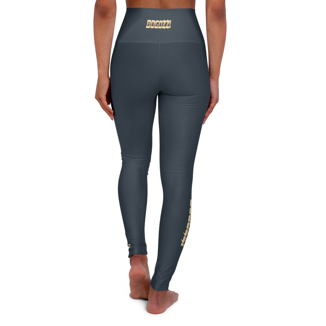 High Waisted (Indigo) Yoga Leggings - BOGOZZI Glimmer Gold Gradient Calf Graphic