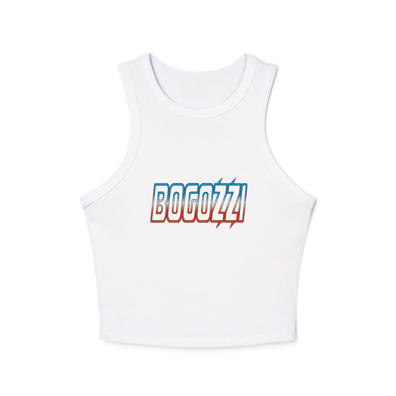 Women's Cropped Rib Racerback Tank Top — BOGOZZI - Electric Icey Dreamsicle Outline Gradient Graphic Logo