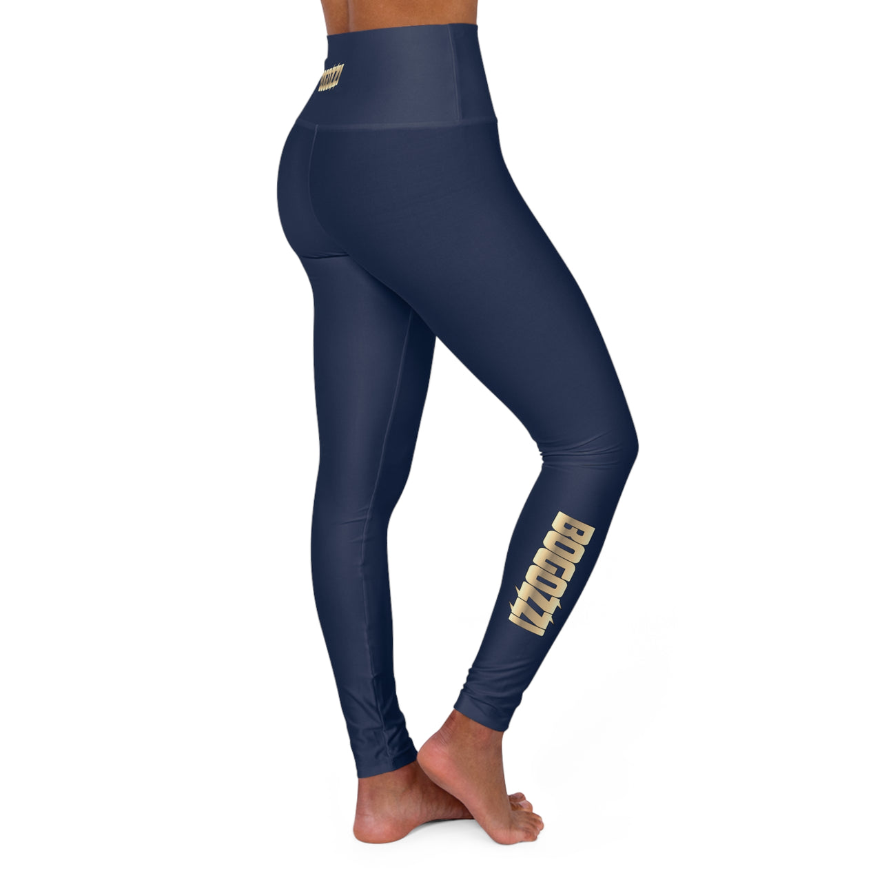 High Waisted (Blue) Yoga Leggings - BOGOZZI Glimmer Gold Gradient Calf Graphic