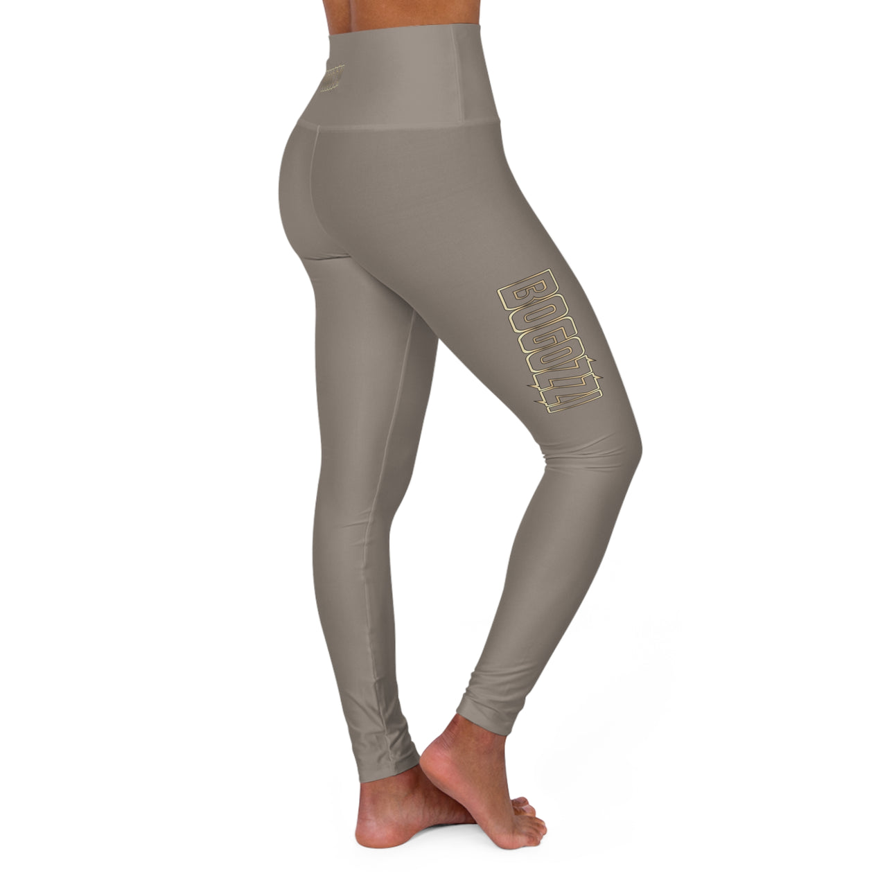High-Waisted (Warm Grey) Yoga Leggings - BOGOZZI Glimmer Gold Gradient Outline Thigh Graphic