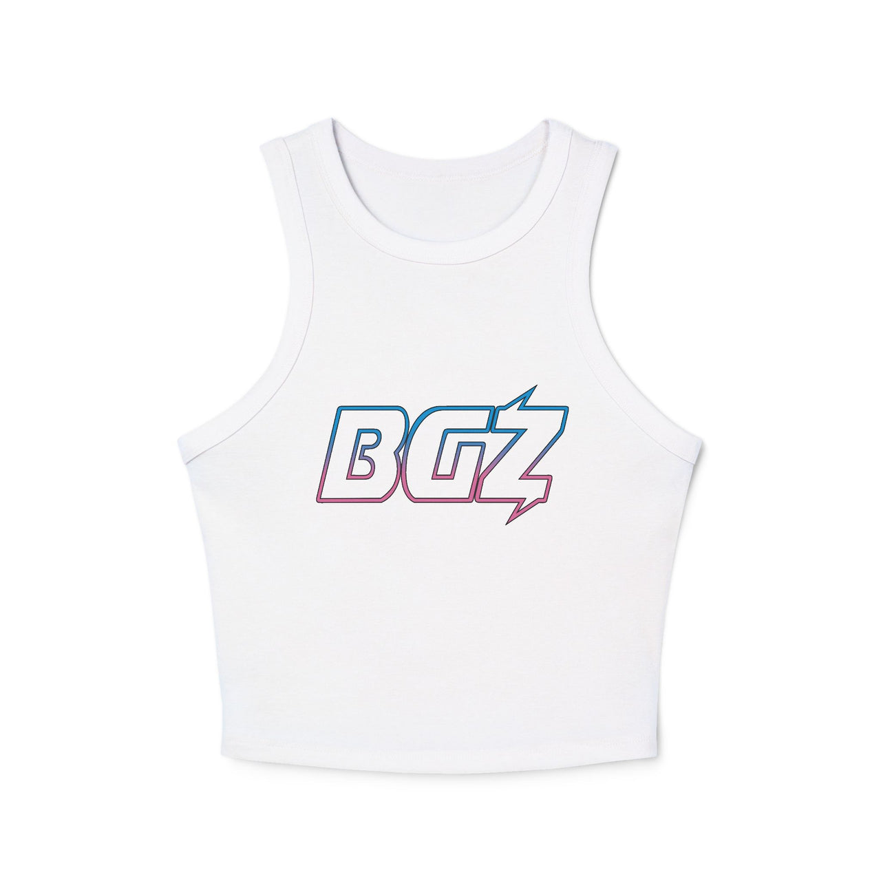 Women's Cropped Rib Racerback Tank Top — BOGOZZI - Electric Cotton Candy Outline Gradient Graphic Alternate Logo