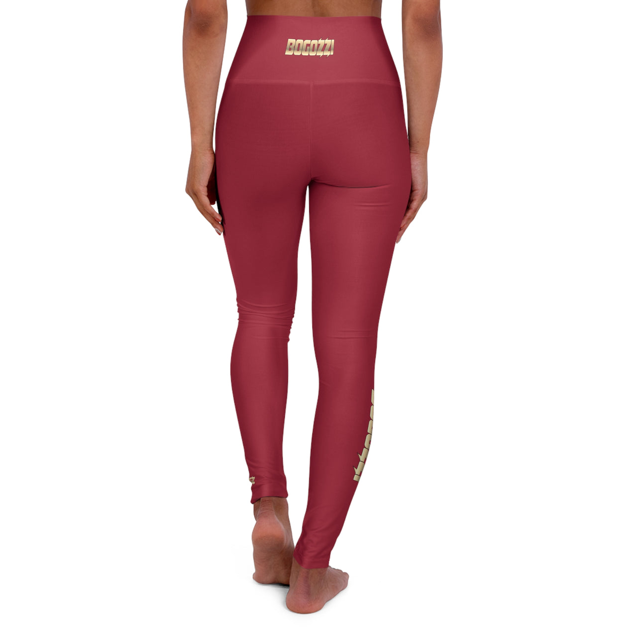 High Waisted (Solid Red) Yoga Leggings - BOGOZZI Glimmer Gold Gradient Calf Graphic