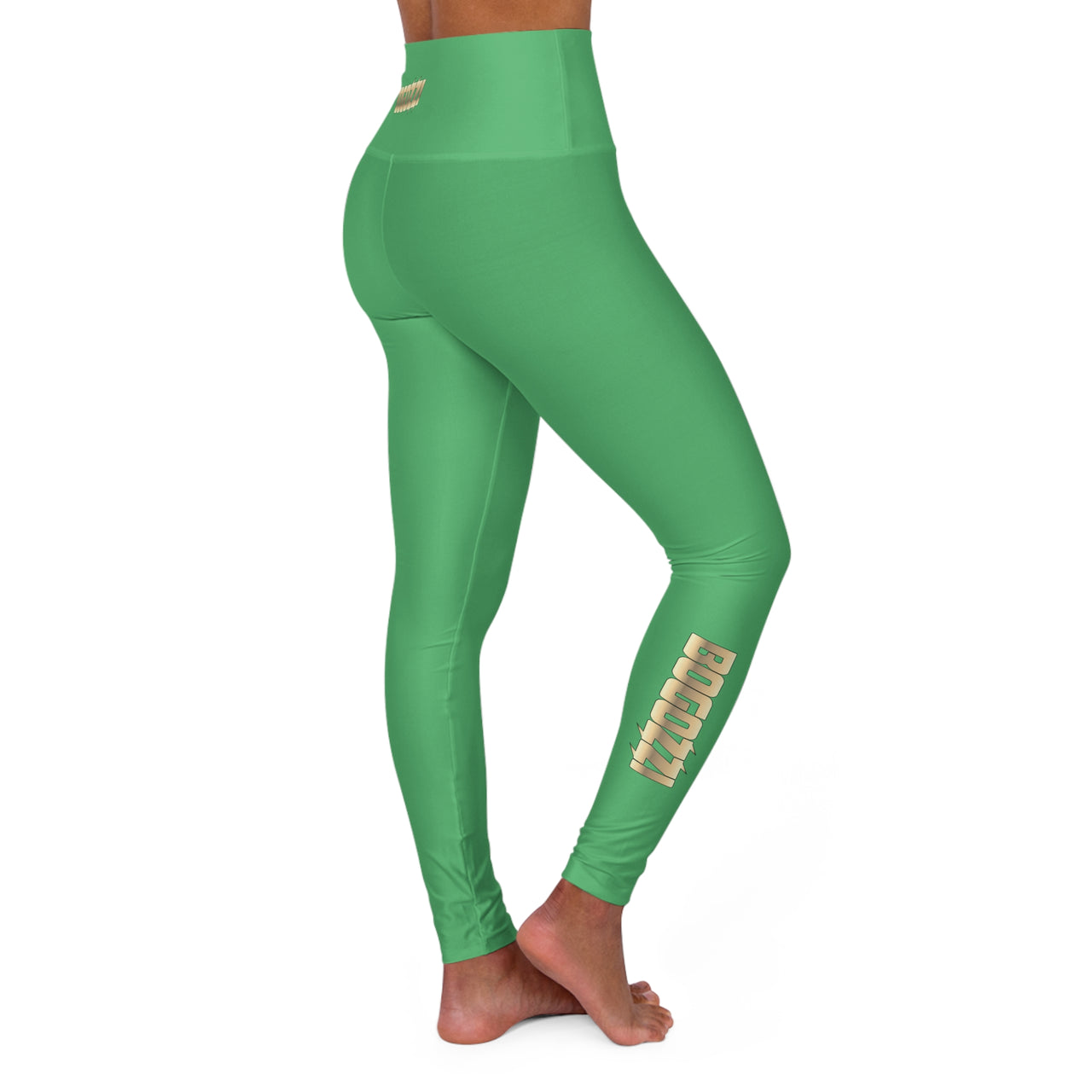 High Waisted (Emerald Green) Yoga Leggings - BOGOZZI Glimmer Gold Gradient Calf Graphic
