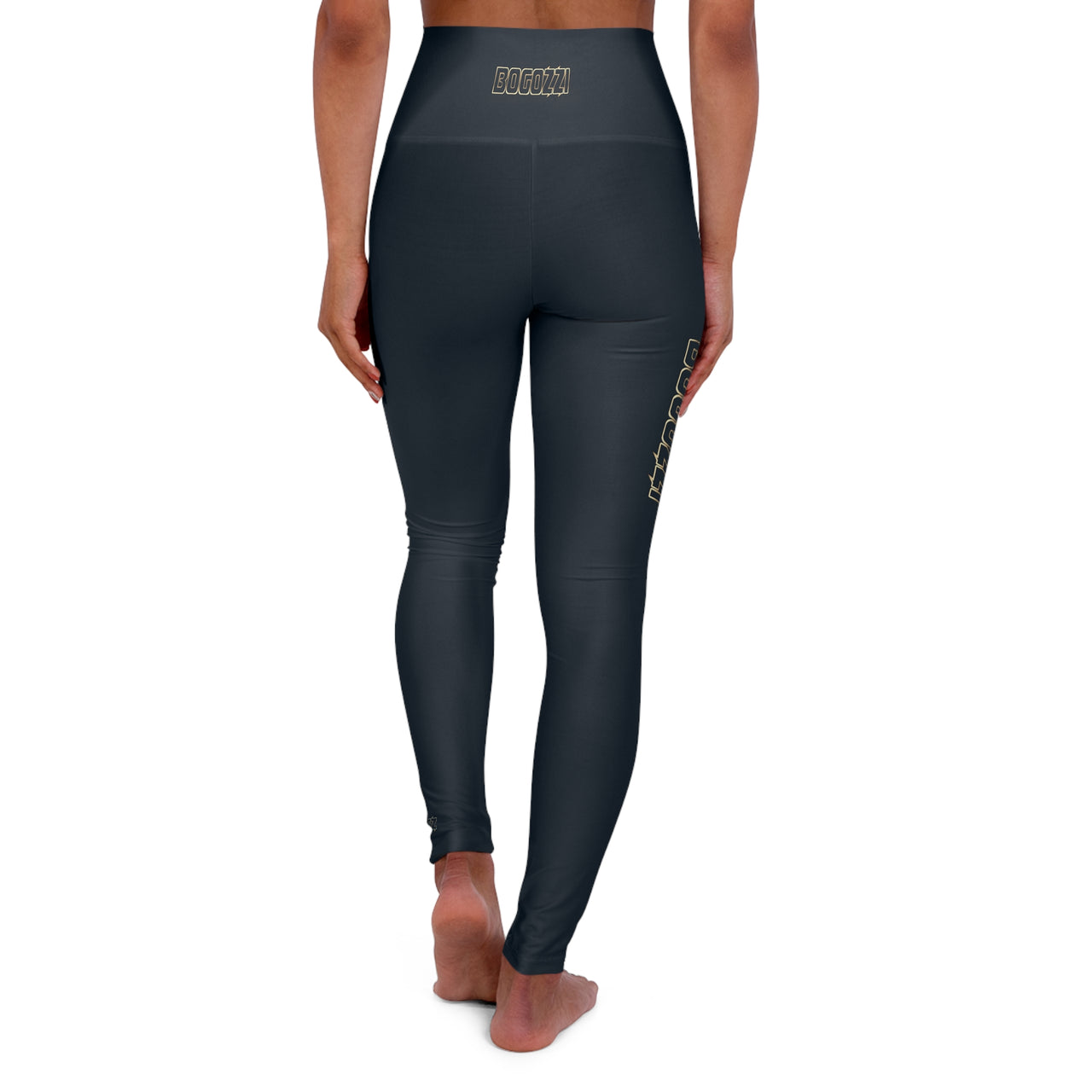 High-Waisted (Midnight Navy) Yoga Leggings - BOGOZZI Glimmer Gold Gradient Outline Thigh Graphic
