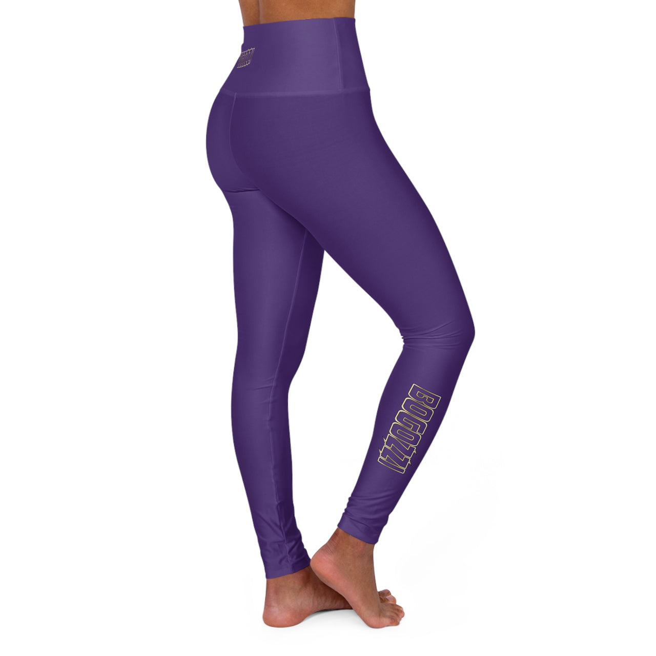 High-Waisted (Purple Rush) Yoga Leggings - BOGOZZI Glimmer Gold Gradient Outline Calf Graphic