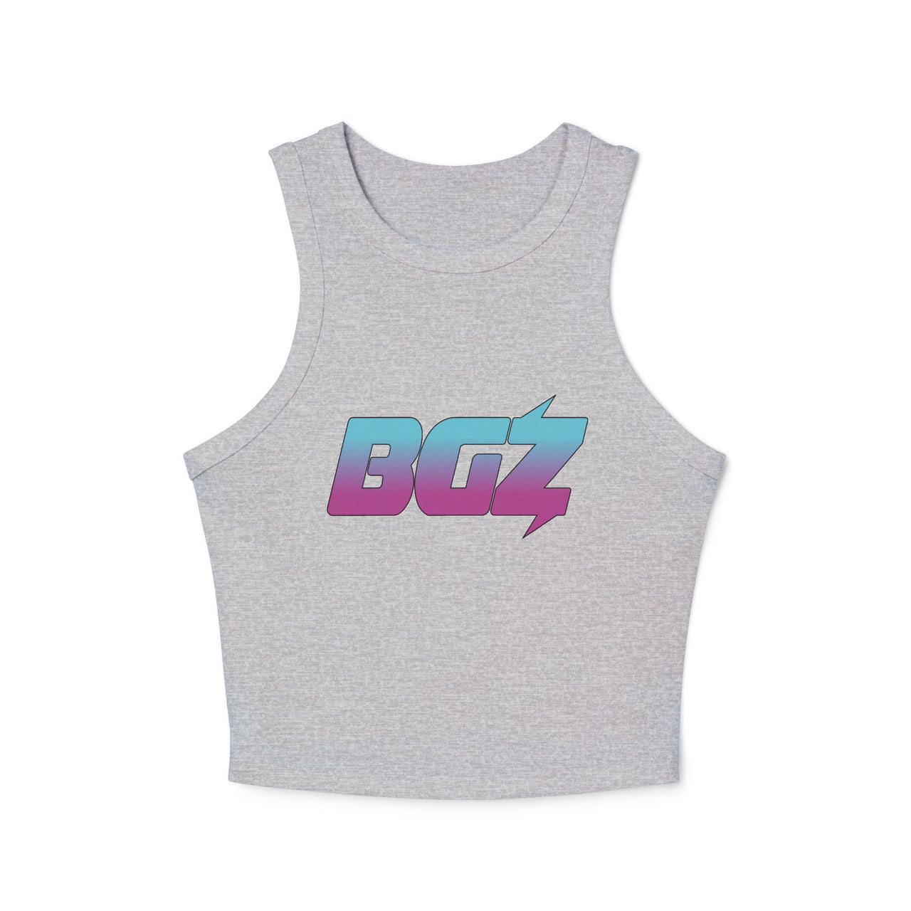 Women's Cropped Rib Racerback Tank Top — BOGOZZI - Vibrant South Beach Gradient Graphic Alternate Logo