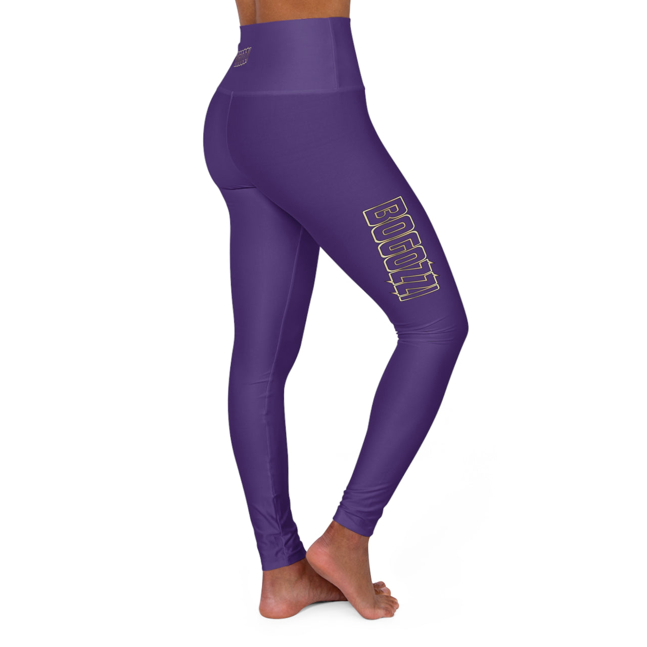 High-Waisted (Purple Rush) Yoga Leggings - BOGOZZI Glimmer Gold Gradient Outline Thigh Graphic