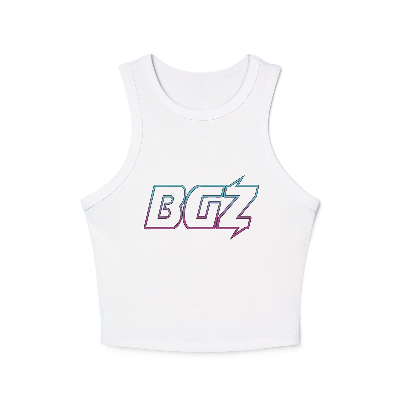 Women's Cropped Rib Racerback Tank Top — BOGOZZI - Electric South Beach Outline Gradient Graphic Alternate Logo