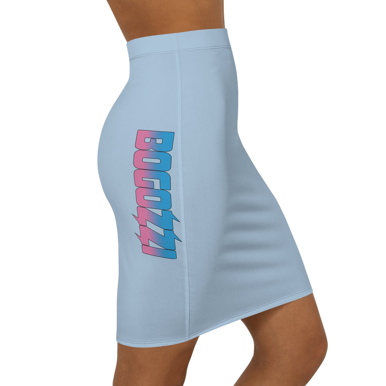 Solid Baby Blue Mid-Waist Pencil Skirt — BOGOZZI Vibrant Side Hip Cotton Candy Gradient Accent