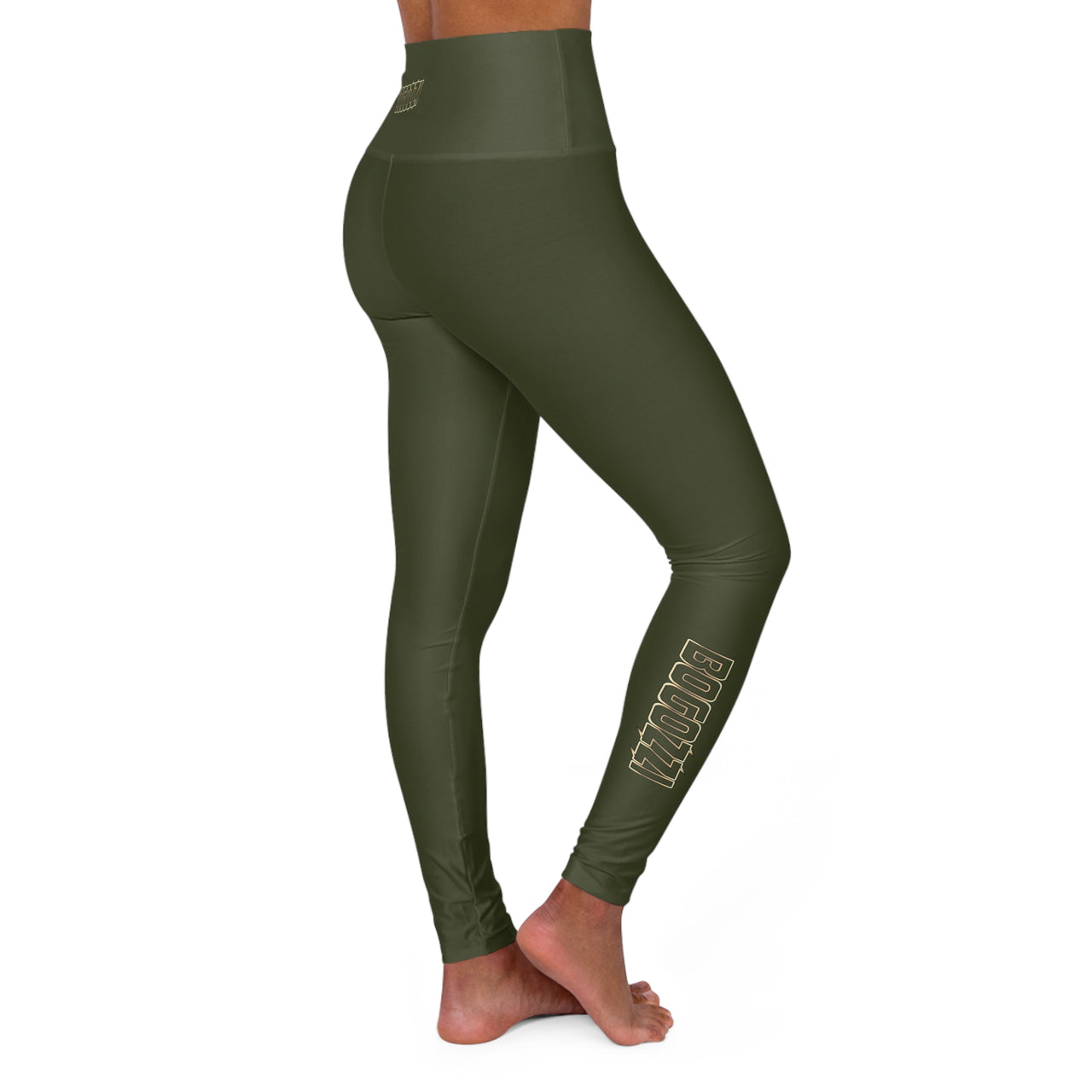 High Waisted (Military Green) Yoga Leggings - BOGOZZI Glimmer Gold Gradient Outline Calf Graphic