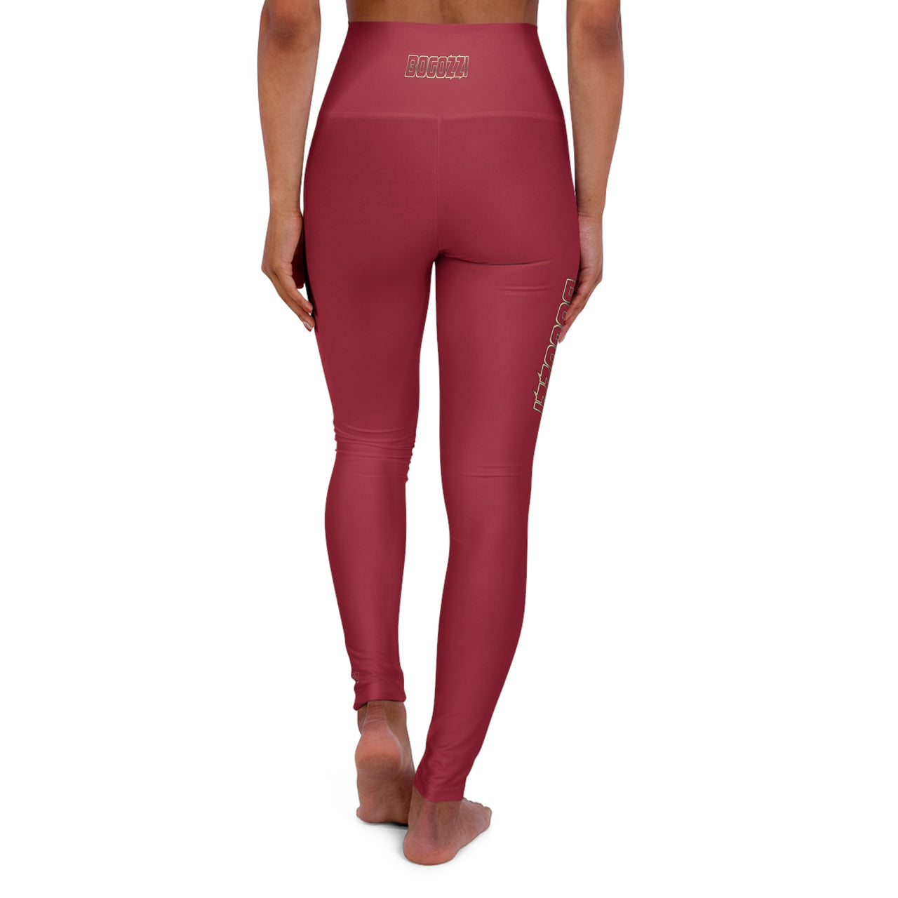 High-Waisted (Solid Red) Yoga Leggings - BOGOZZI Glimmer Gold Gradient Outline Thigh Graphic