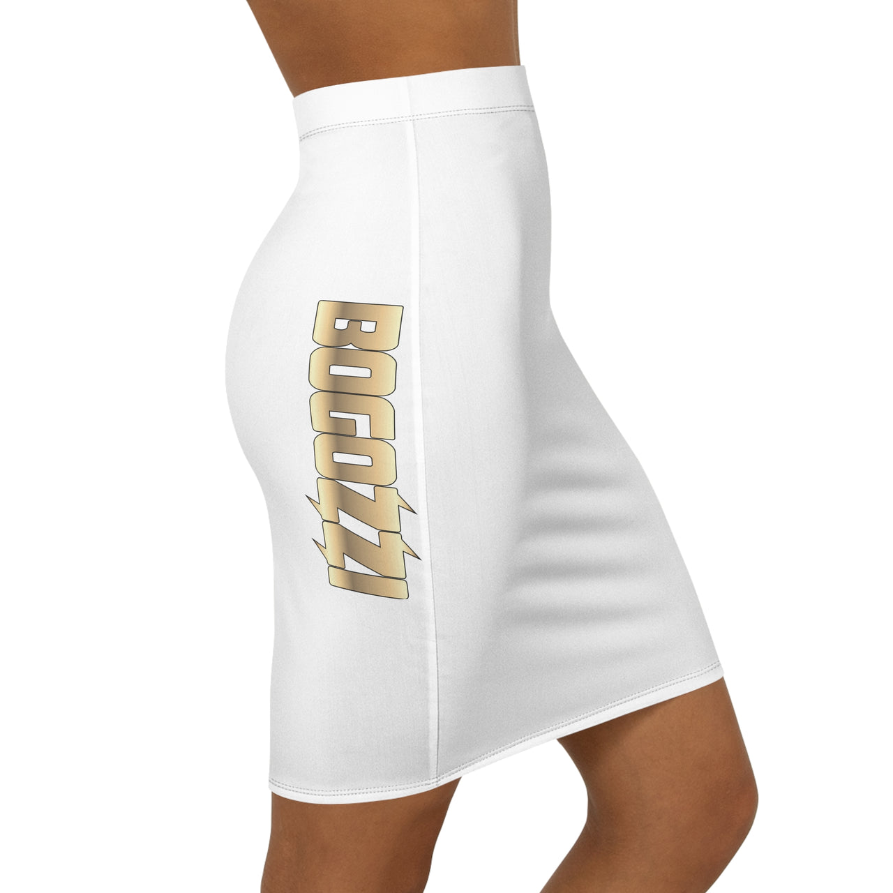White Mid-Waist Pencil Skirt — BOGOZZI Vibrant Side Hip Glimmer Gold Gradient Accent