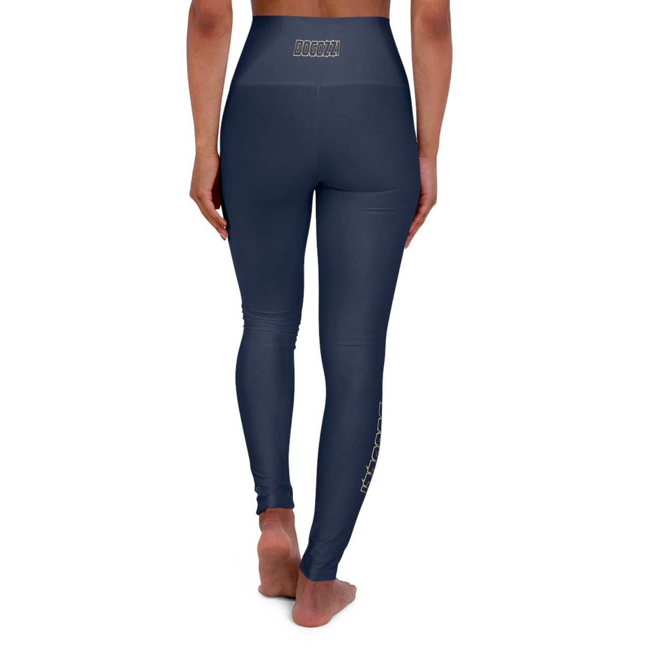 High Waisted (Blue) Yoga Leggings - BOGOZZI Glimmer Gold Gradient Outline Calf Graphic