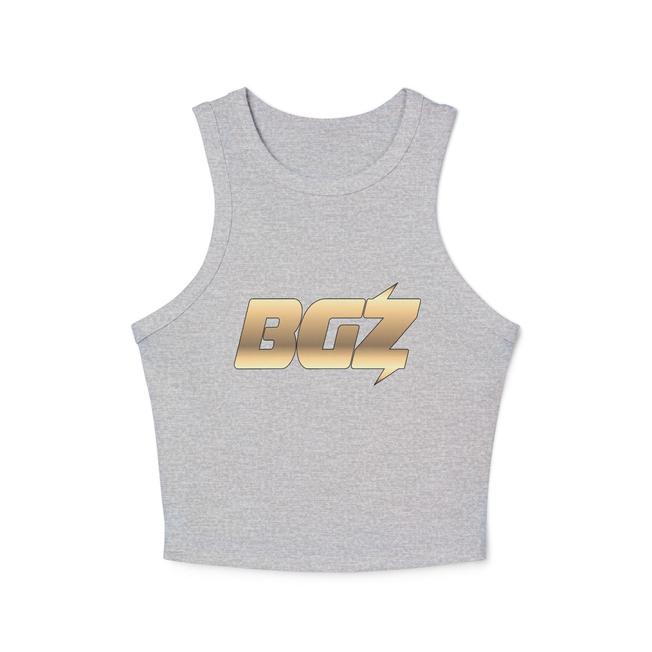 Women's Cropped Rib Racerback Tank Top — BOGOZZI - Vibrant Glimmer Gold Gradient Graphic Alternate Logo
