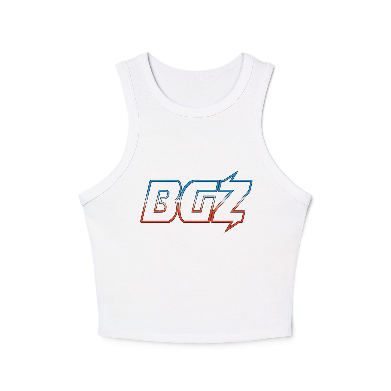 Women's Cropped Rib Racerback Tank Top — BOGOZZI - Electric Icey Dreamsicle Outline Gradient Graphic Alternate Logo