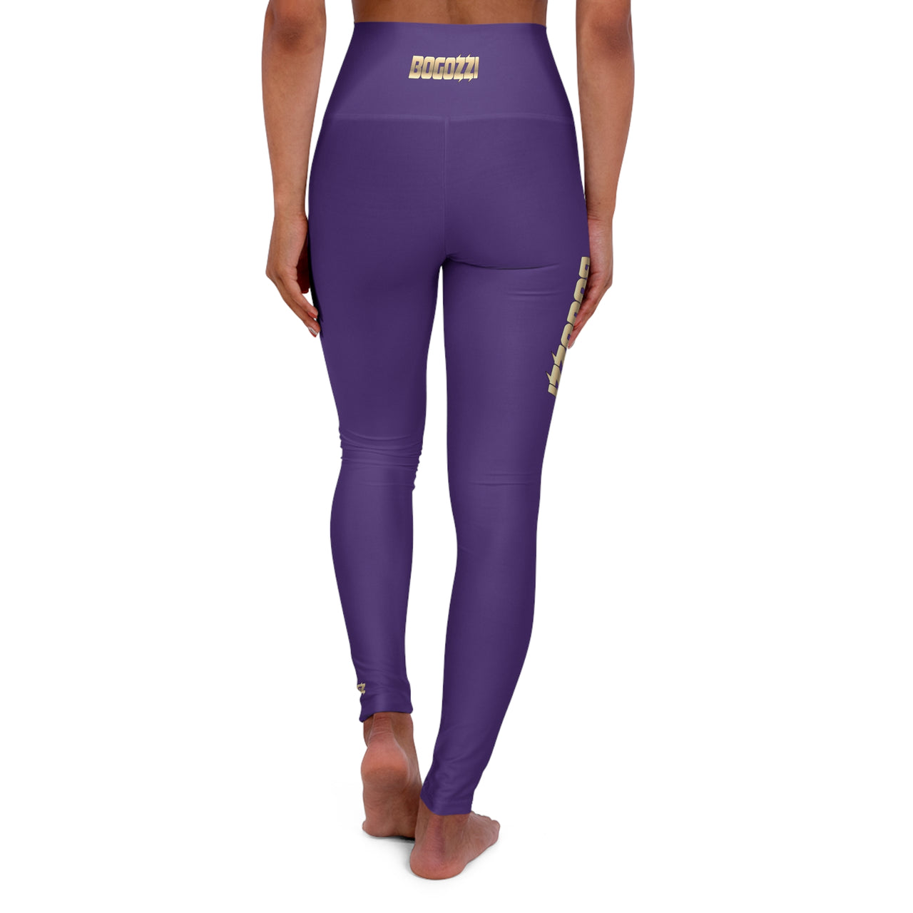 High Waisted (Purple Rush) Yoga Leggings - BOGOZZI Glimmer Gold Gradient Thigh Graphic