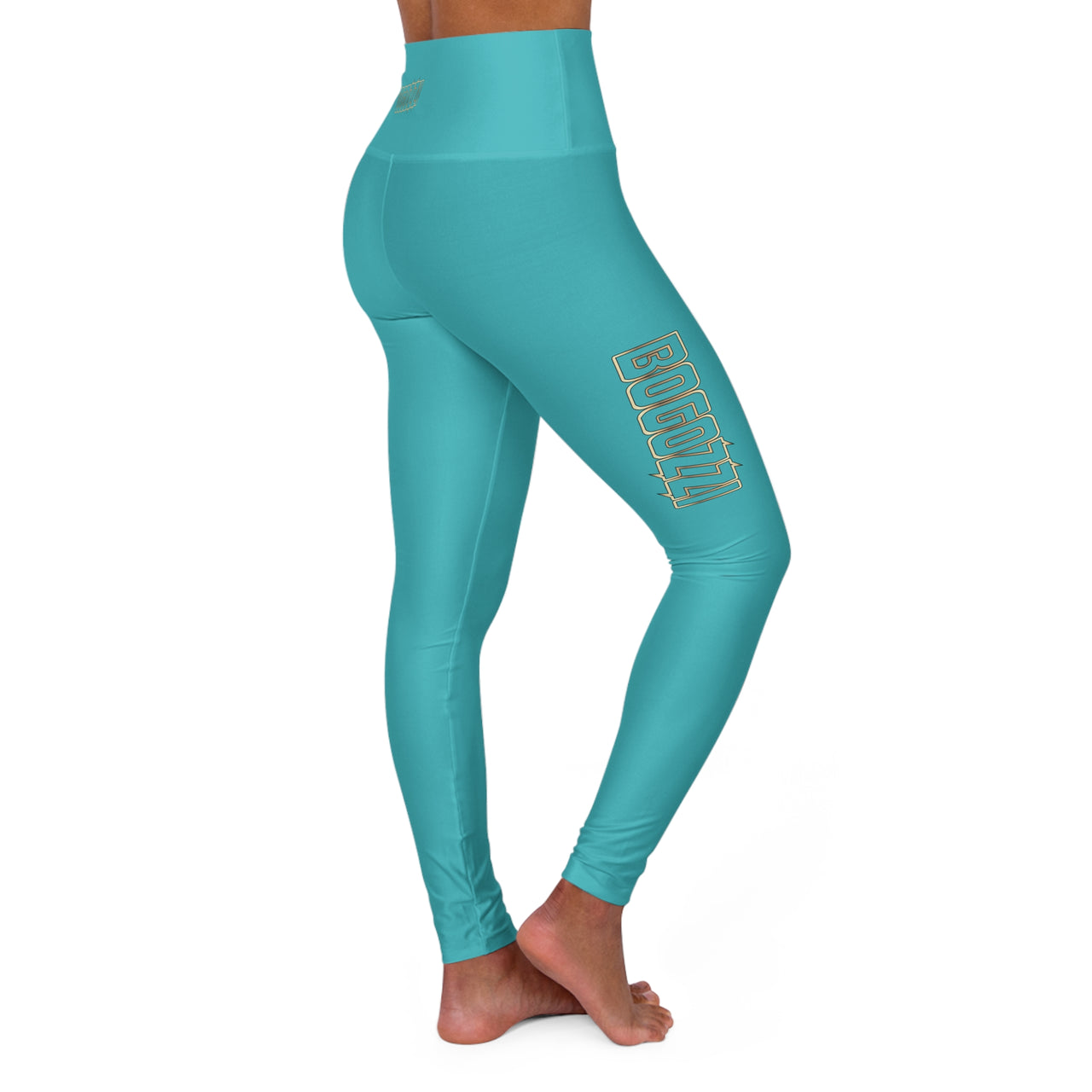 High-Waisted (Tahiti Blue) Yoga Leggings - BOGOZZI Glimmer Gold Gradient Outline Thigh Graphic