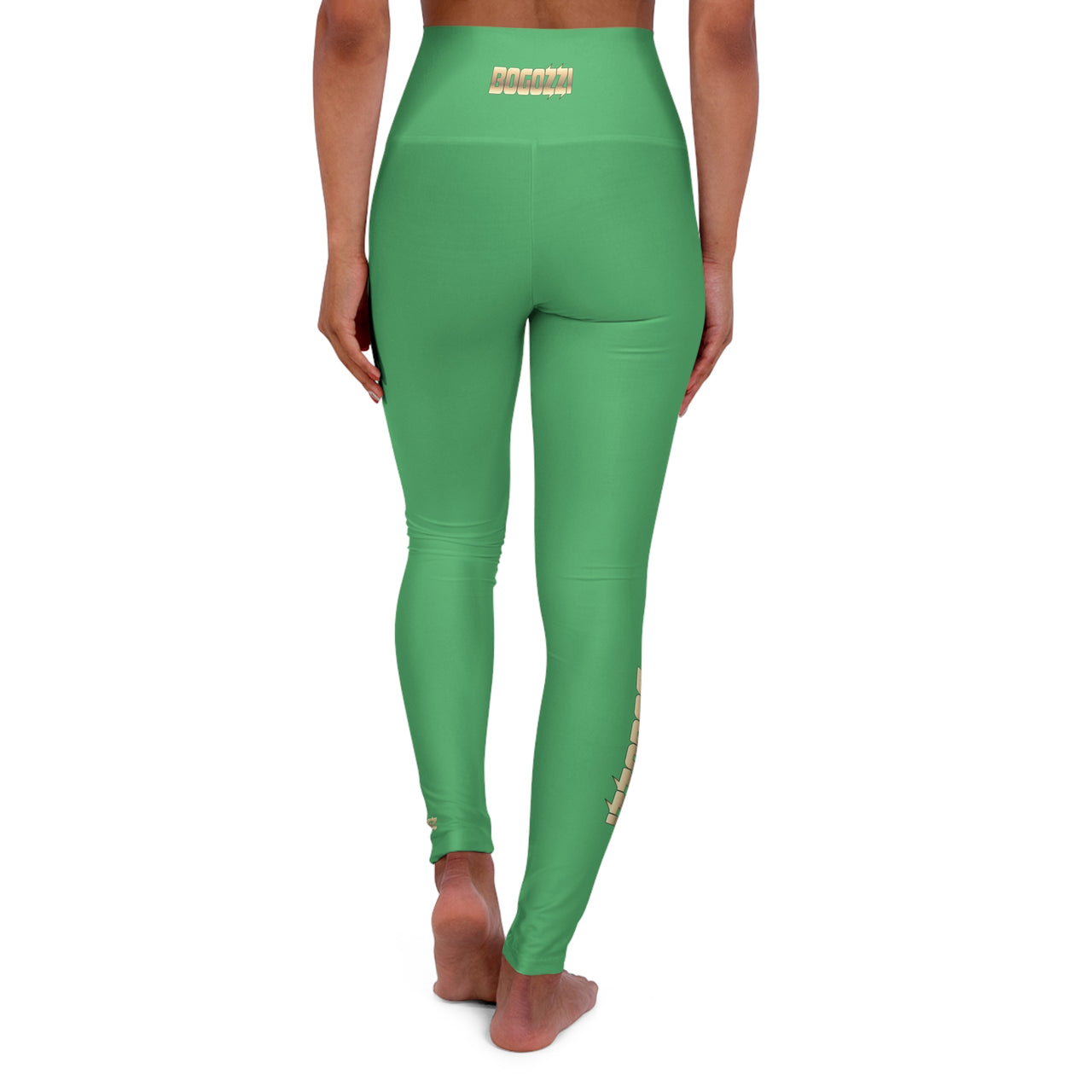 High Waisted (Emerald Green) Yoga Leggings - BOGOZZI Glimmer Gold Gradient Calf Graphic