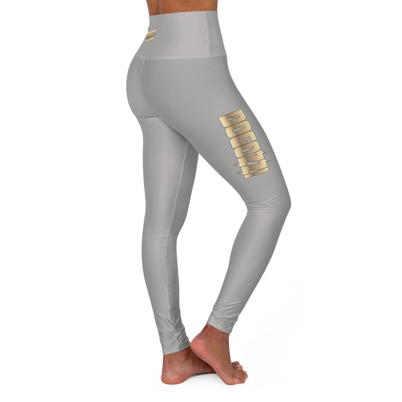 High Waisted (Heather Grey) Yoga Leggings - BOGOZZI Glimmer Gold Gradient Thigh Graphic