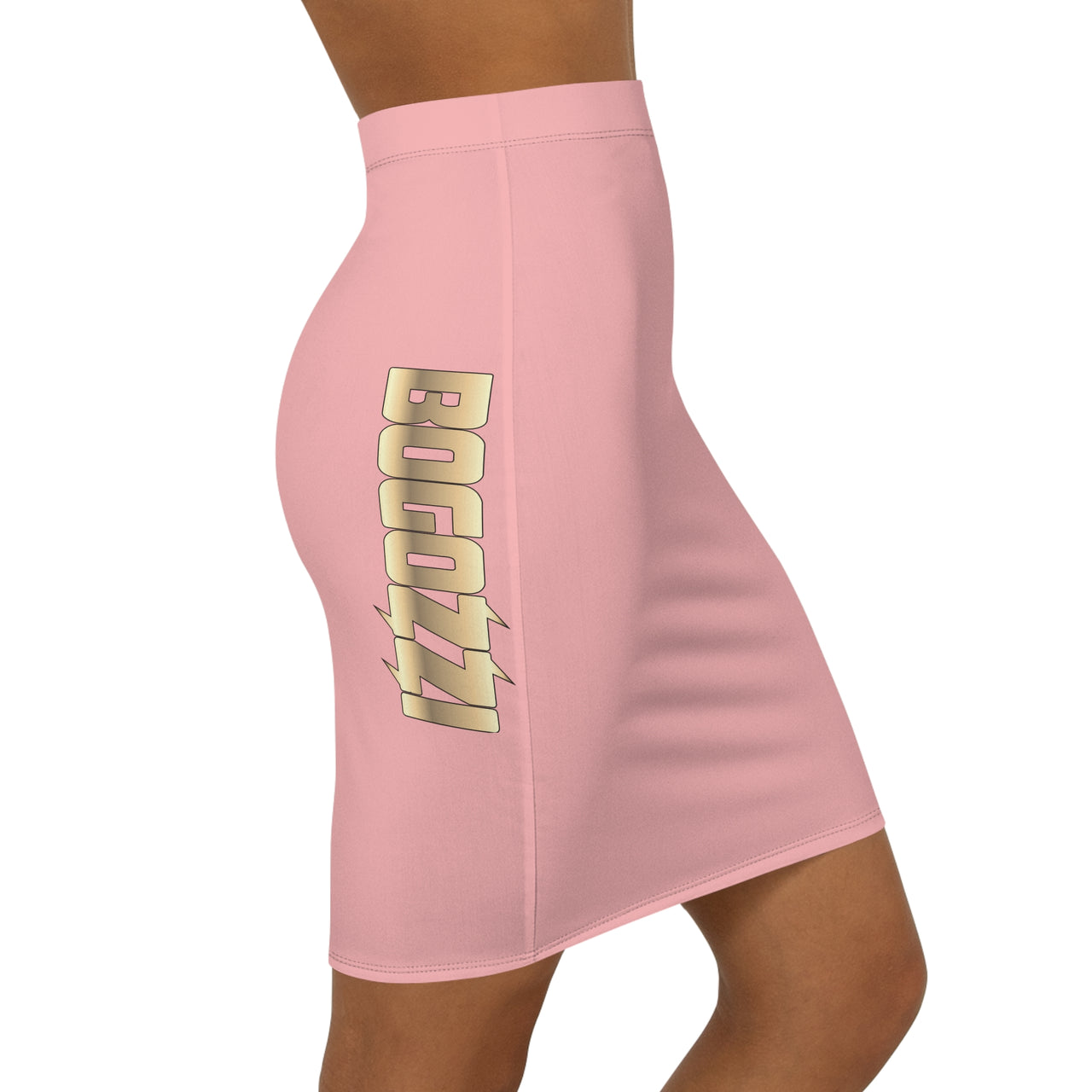 Solid Pink Mid-Waist Pencil Skirt — BOGOZZI Vibrant Side Hip Glimmer Gold Gradient Accent