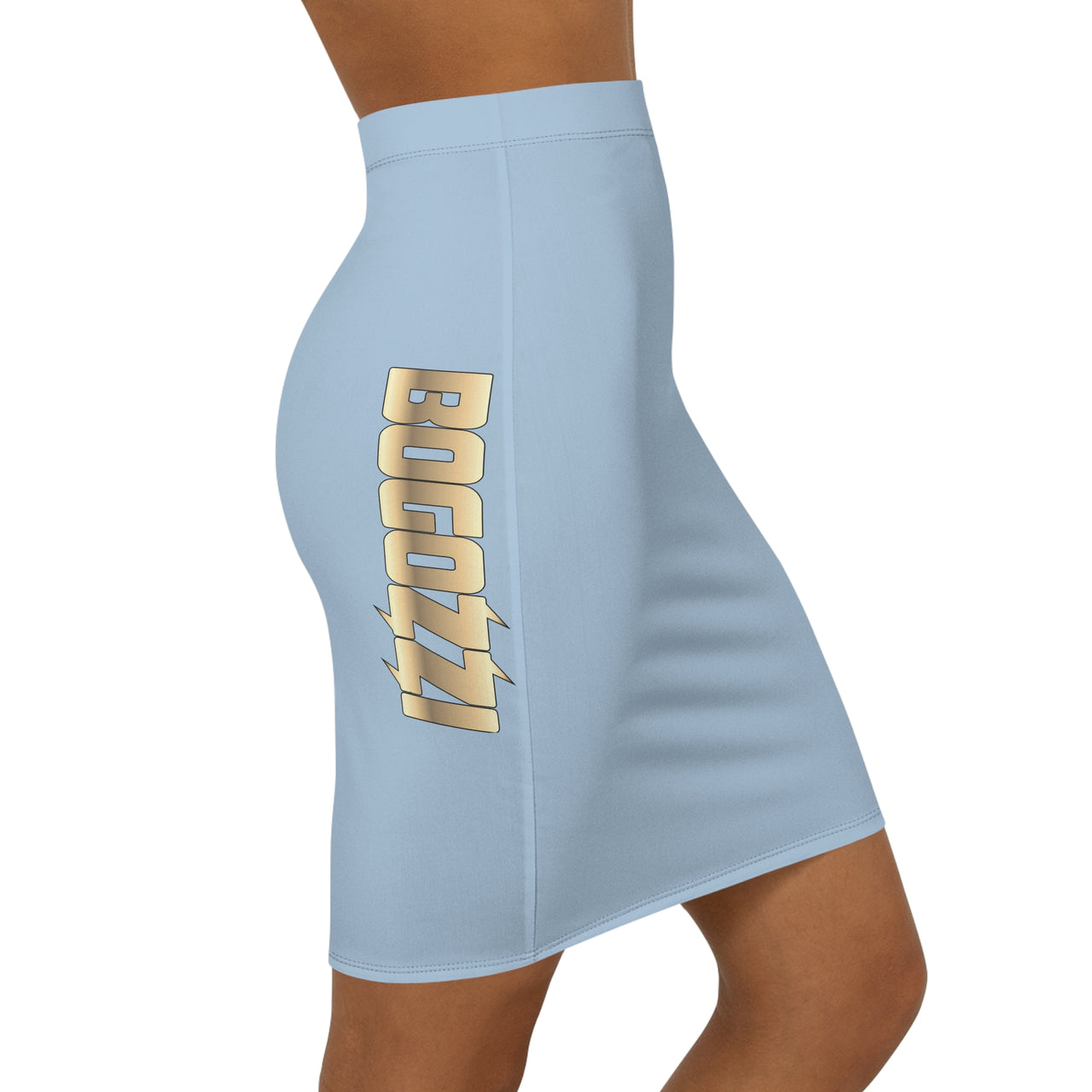 Solid B aby Blue Mid-Waist Pencil Skirt — BOGOZZI Vibrant Side Hip Glimmer Gold Gradient Accent