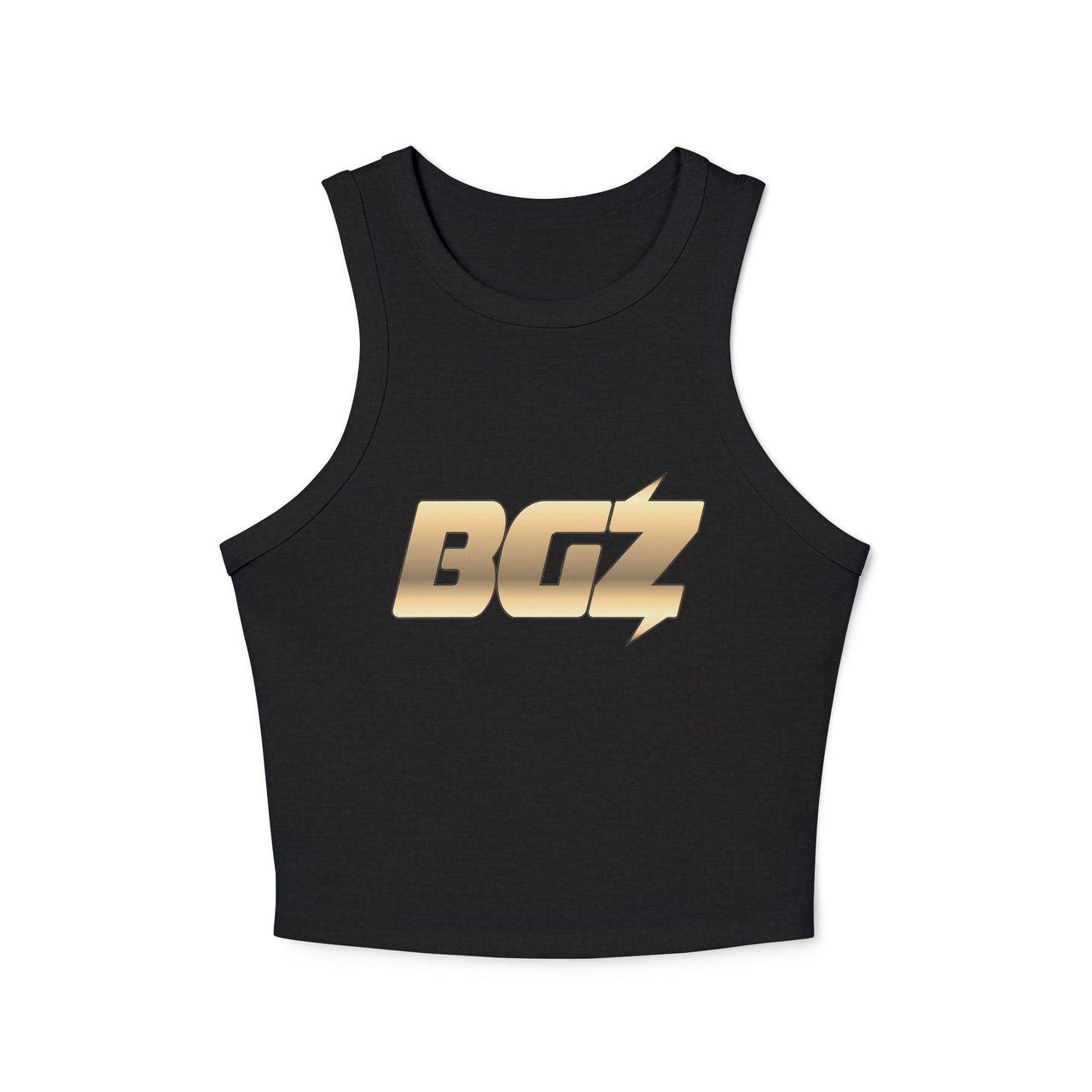 Women's Cropped Rib Racerback Tank Top — BOGOZZI - Vibrant Glimmer Gold Gradient Graphic Alternate Logo