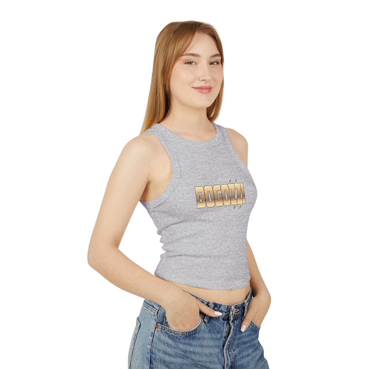 Women's Cropped Rib Racerback Tank Top — BOGOZZI - Vibrant Glimmer Gold Gradient Graphic