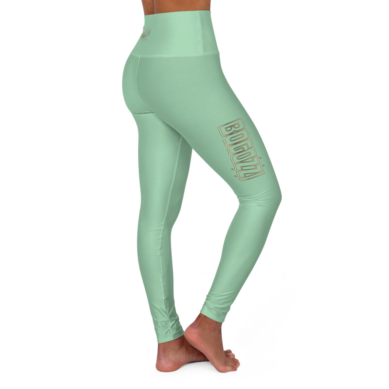 High-Waisted (Mint) Yoga Leggings - BOGOZZI Glimmer Gold Gradient Outline Thigh Graphic