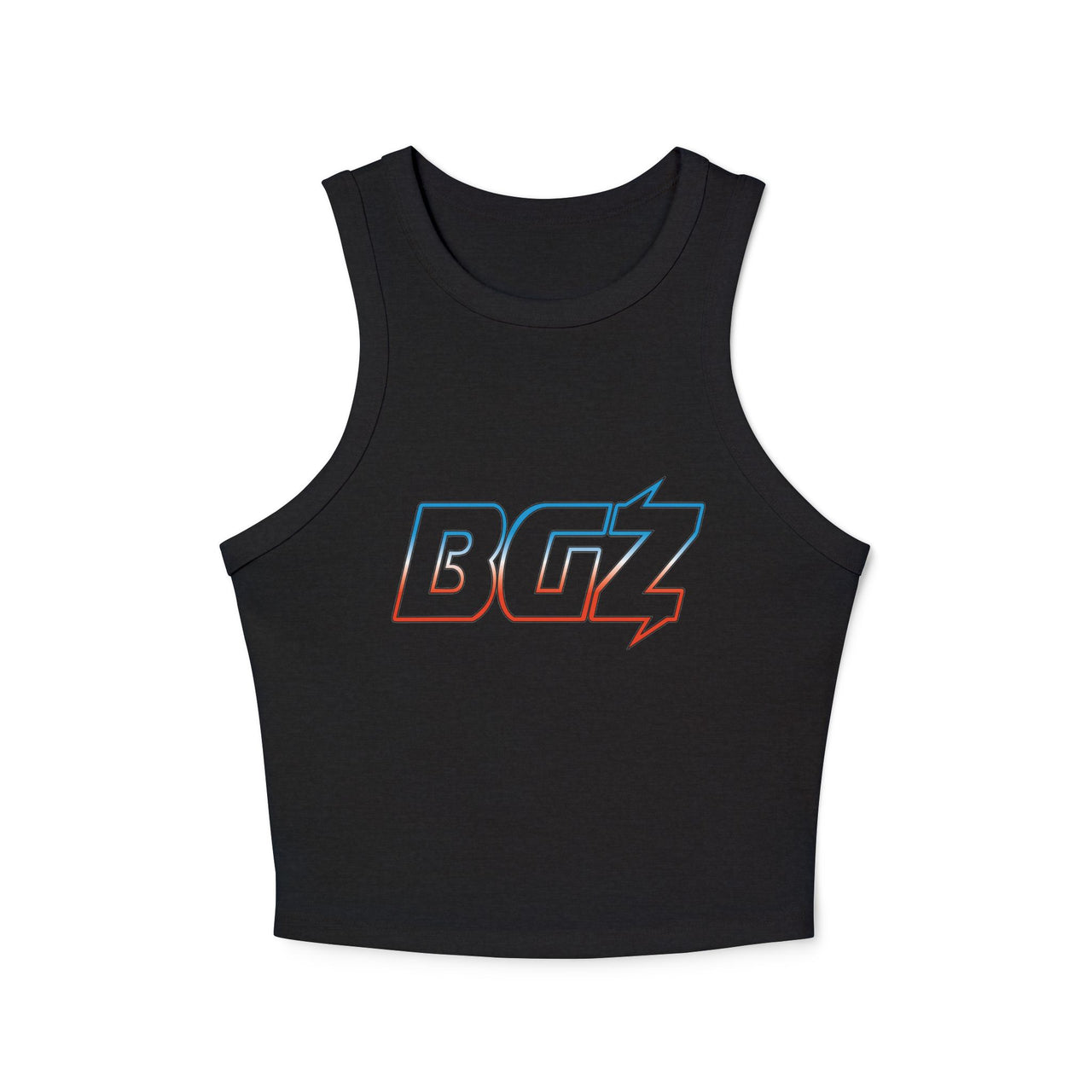 Women's Cropped Rib Racerback Tank Top — BOGOZZI - Electric Icey Dreamsicle Outline Gradient Graphic Alternate Logo