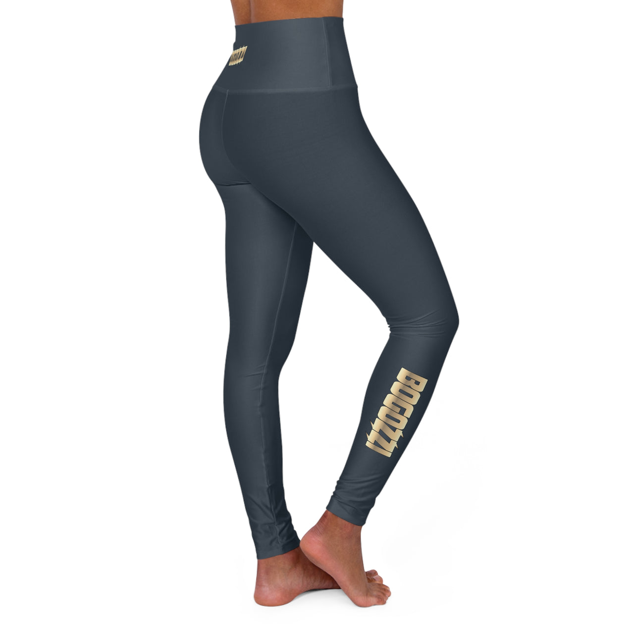 High Waisted (Indigo) Yoga Leggings - BOGOZZI Glimmer Gold Gradient Calf Graphic