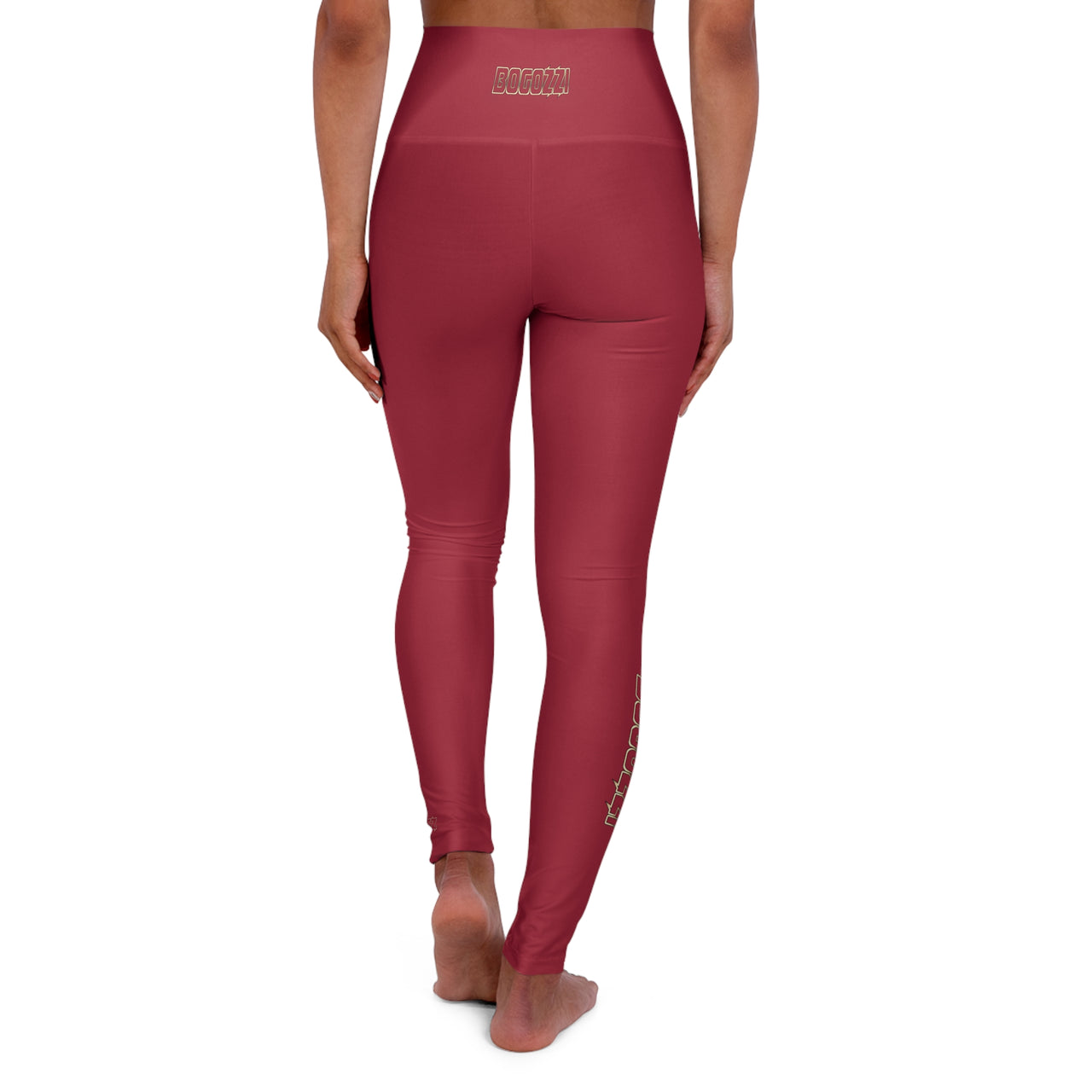 High Waisted (Solid Red) Yoga Leggings - BOGOZZI Glimmer Gold Gradient Outline Calf Graphic
