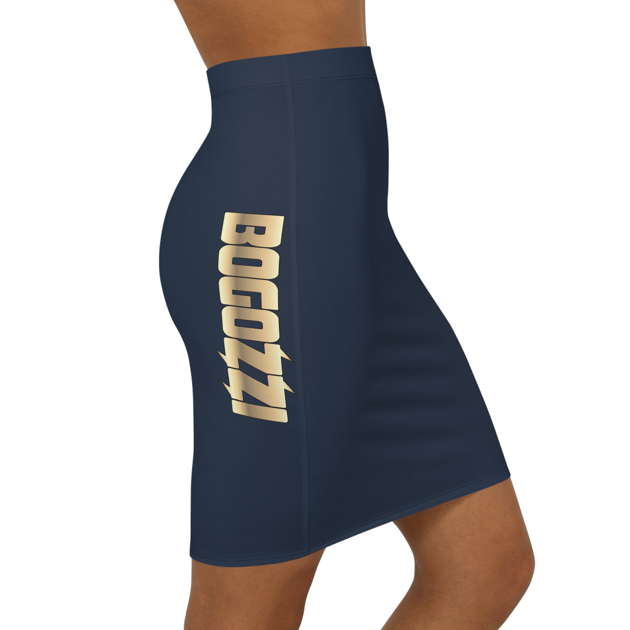 Solid Navy Mid-Waist Pencil Skirt — BOGOZZI Vibrant Side Hip Glimmer Gold Gradient Accent