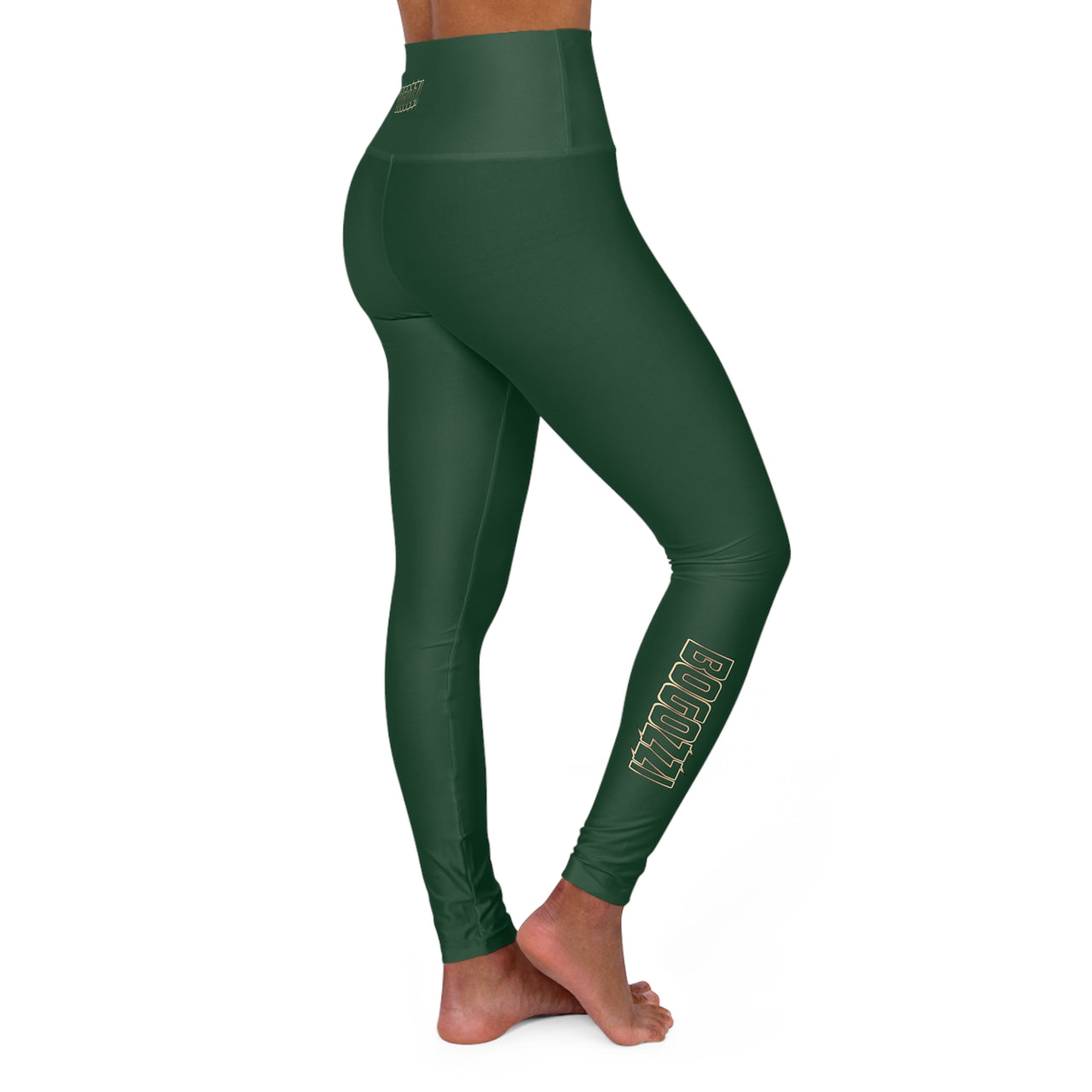 High Waisted (Green) Yoga Leggings - BOGOZZI Glimmer Gold Gradient Outline Calf Graphic