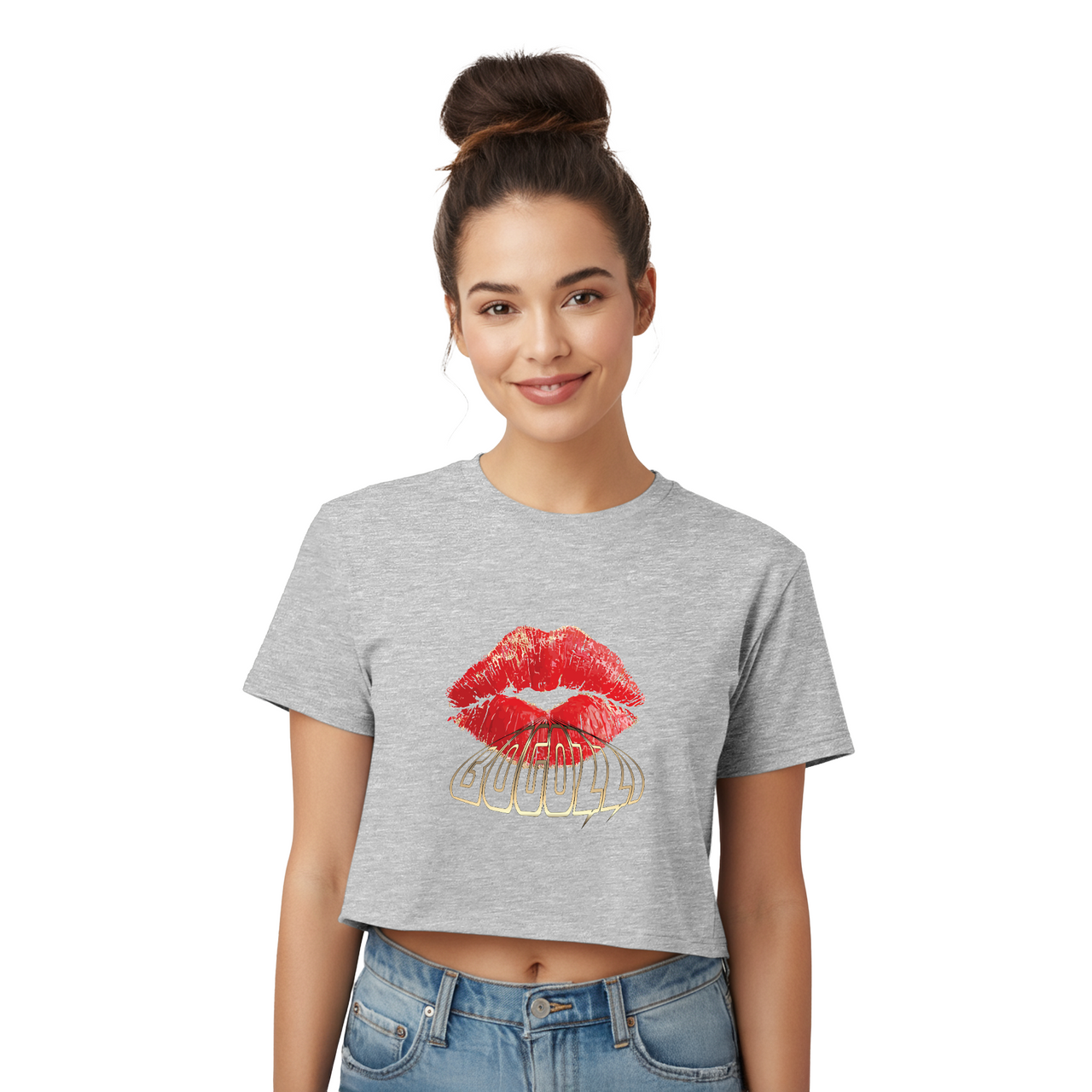 BOGOZZI - Blown Away Kiss Graphic - Boxy Mid Crop Tee