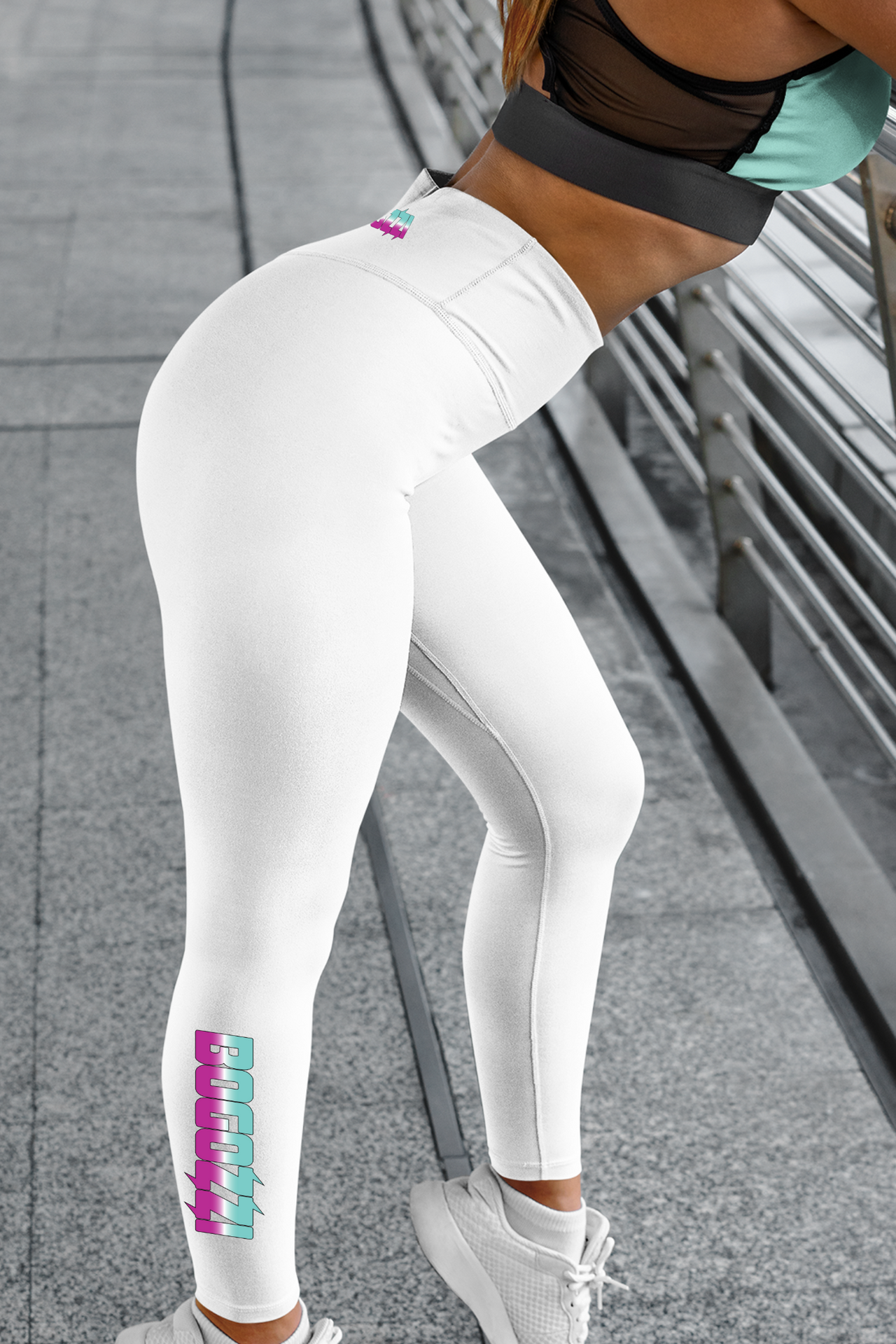 High Waisted (Solid White) Yoga Leggings - BOGOZZI Icey South Beach Vibrant Gradient Calf Print