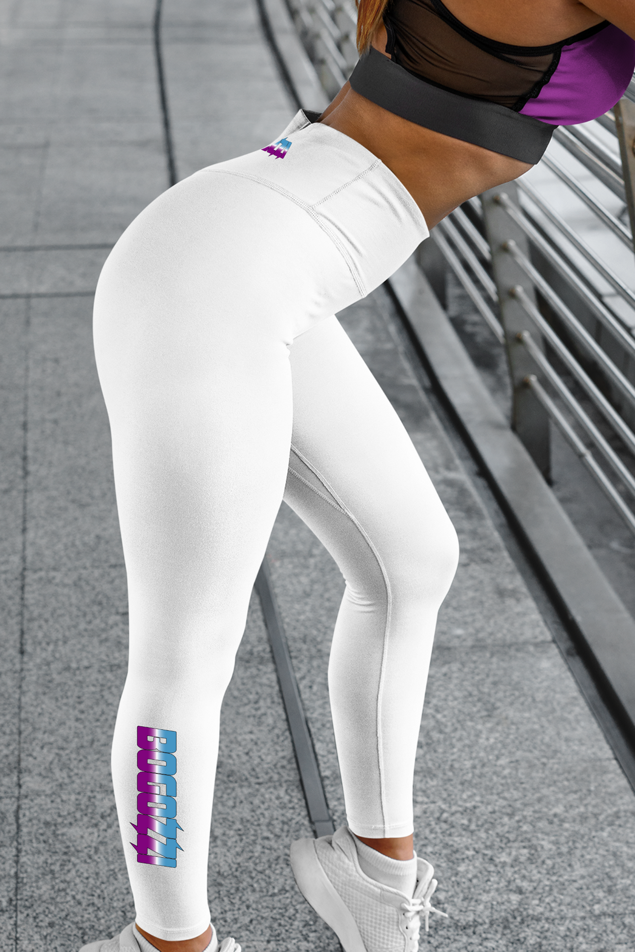 High Waisted (Solid White) Yoga Leggings - BOGOZZI Icey Magenta Dream Vibrant Gradient Calf Print