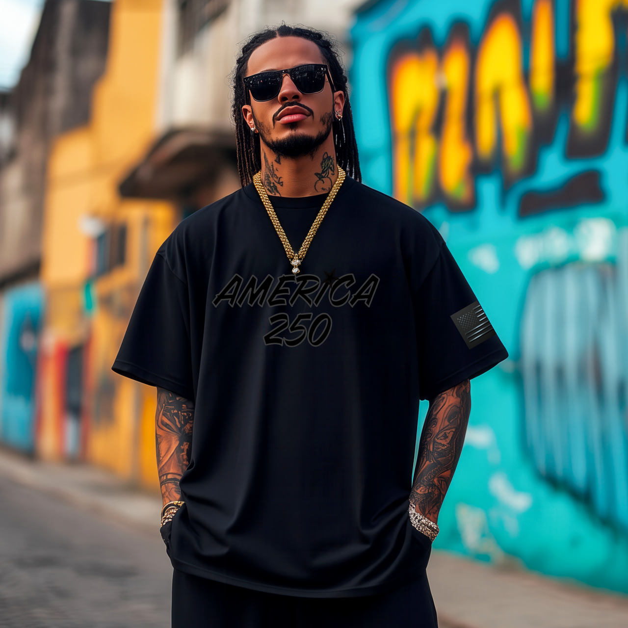 America 250 Tee — Black on Black Patriotic T-Shirt