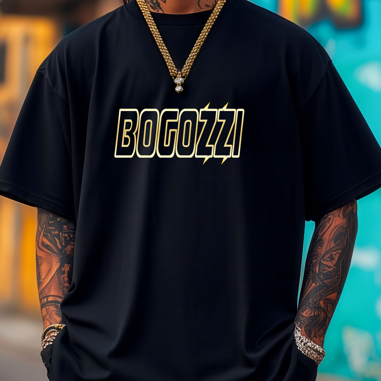 BOGOZZI - Glimmer Gold - Electric Statement Tee — (Unisex) Streetwear